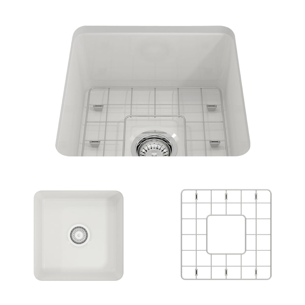 Sotto Dual-mount Fireclay 18" Single Bowl Bar Sink with Grid, Strainer in White