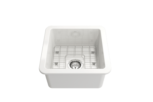 Sotto Dual-mount Fireclay 18" Single Bowl Bar Sink with Grid, Strainer in White