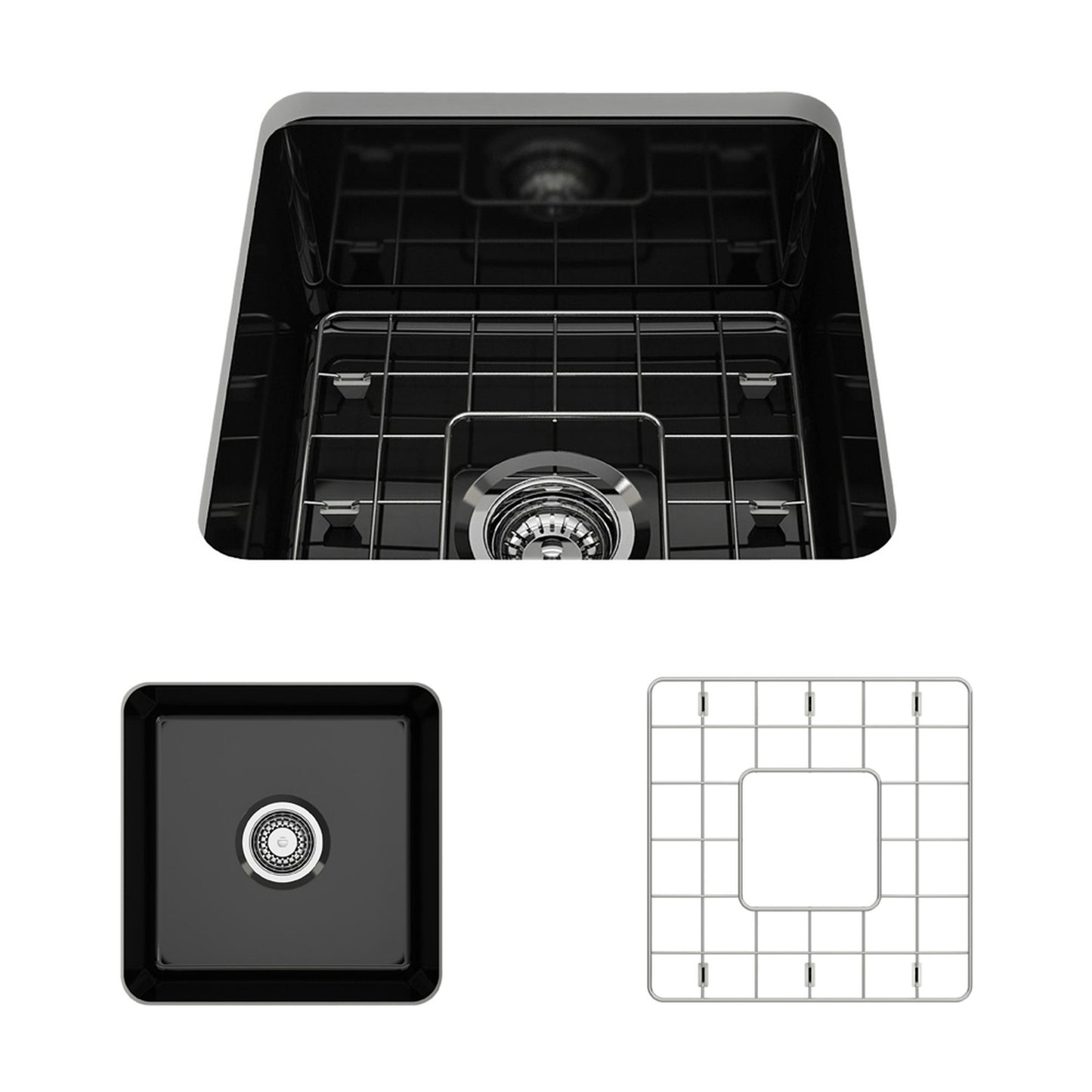 Sotto Dual-mount Fireclay 18" Single Bowl Bar Sink with Grid, Strainer in Black