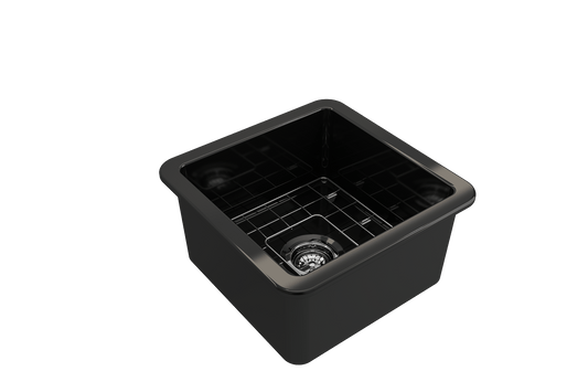 Sotto Dual-mount Fireclay 18" Single Bowl Bar Sink with Grid, Strainer in Black