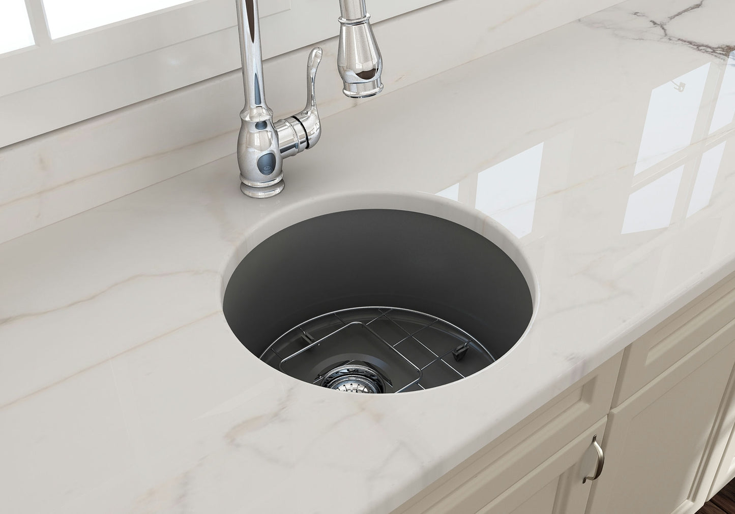Sotto Round Dual-mount Fireclay 18.5" Single Bowl Bar Sink in Matte Gray