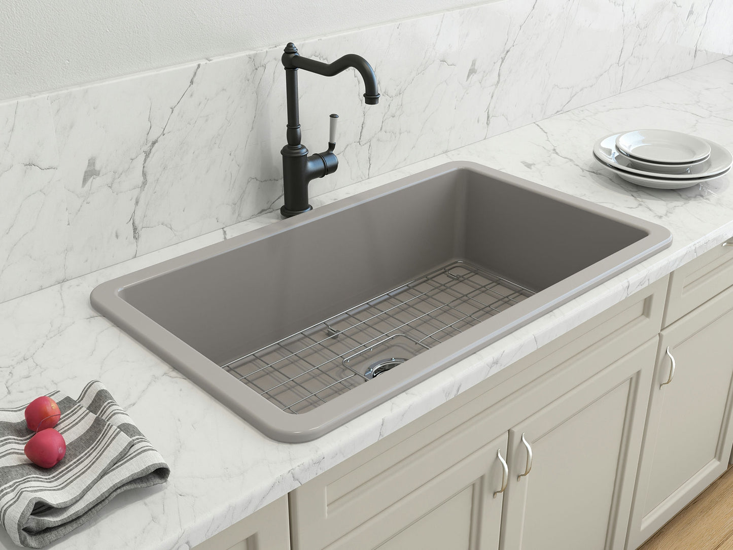 Sotto Dual-mount Fireclay 32" Single Bowl Kitchen Sink in Matte Gray