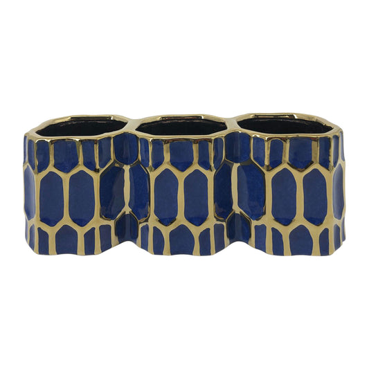 Cer, 4"h 3-cup Pen Holder, Blue/gold