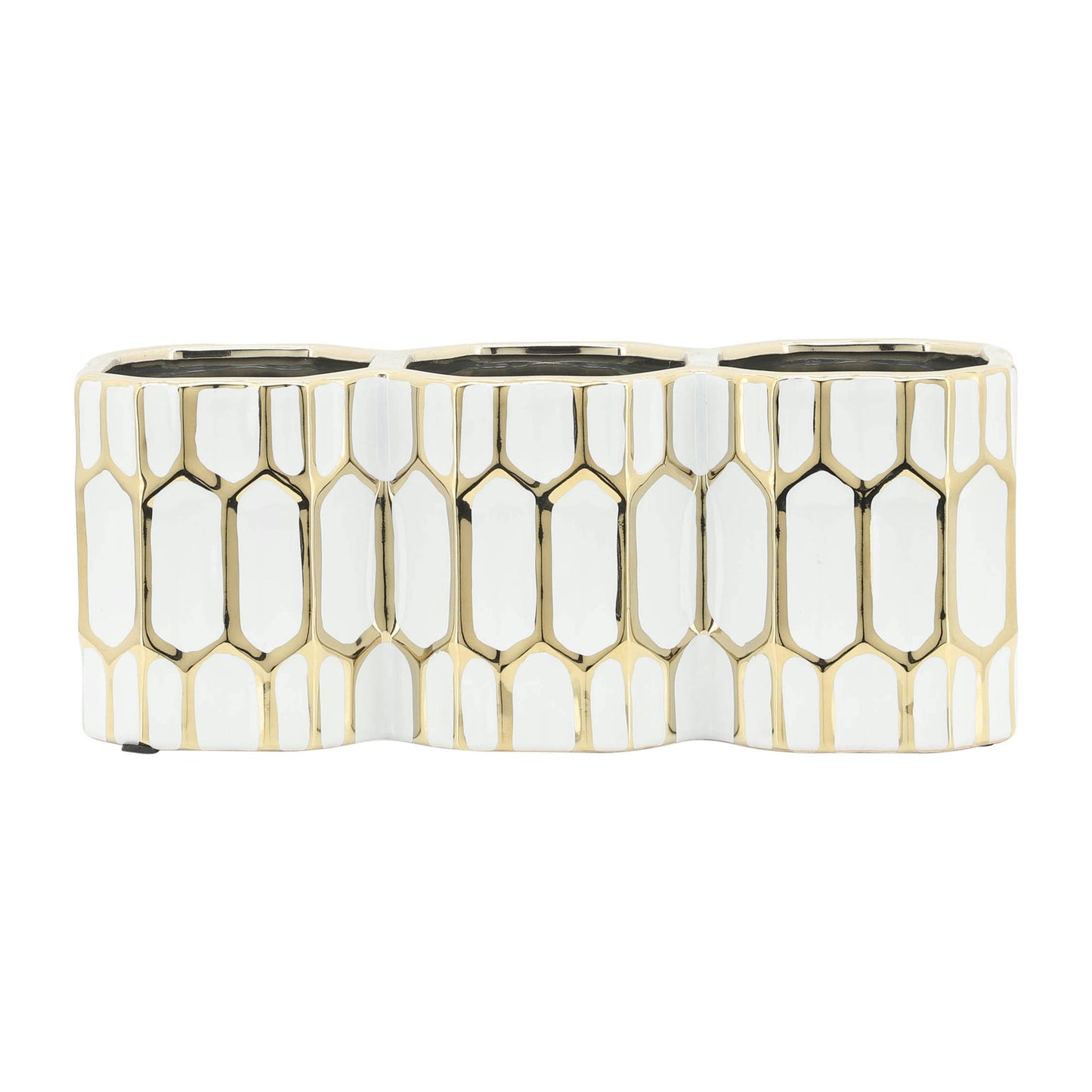 Cer, 4"h 3-cup Pen Holder, White/gold