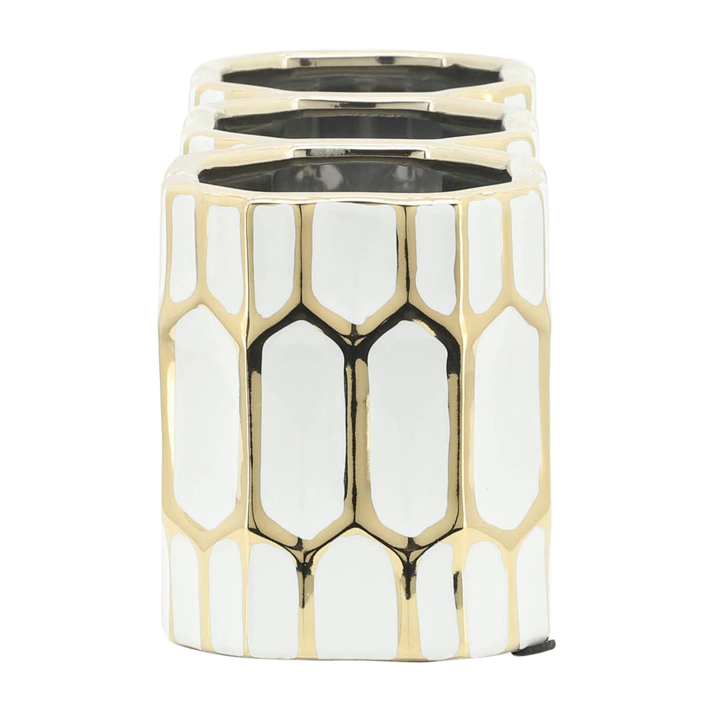 Cer, 4"h 3-cup Pen Holder, White/gold