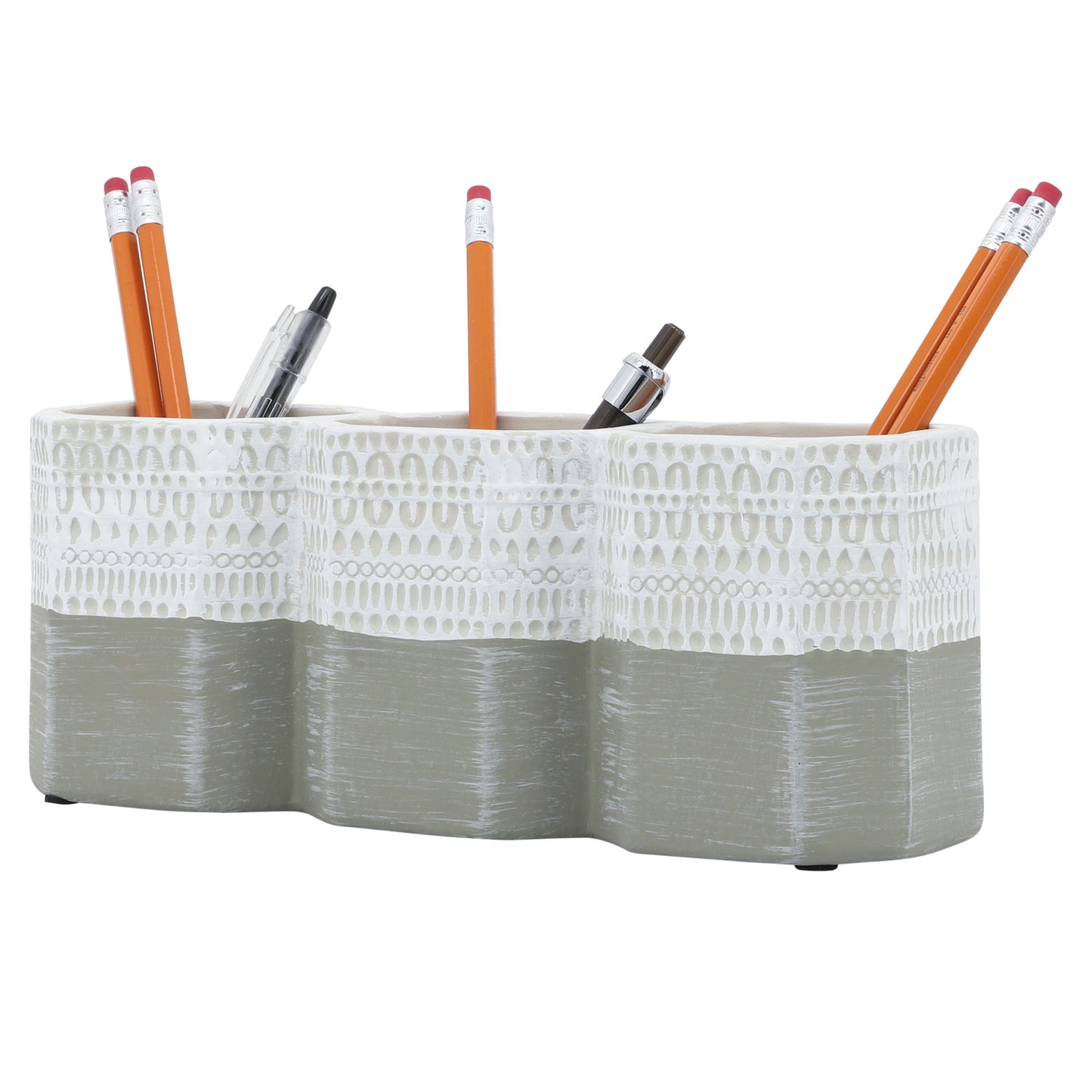 Cer, 4"h 3-cup Aztec Pen Holder, White/gray