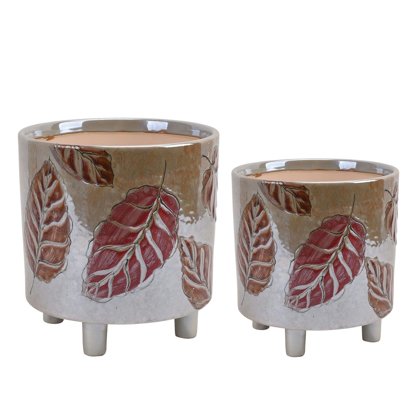 Cer, S/2 Footed Planters 9/6", Embossed Leaves, Gl