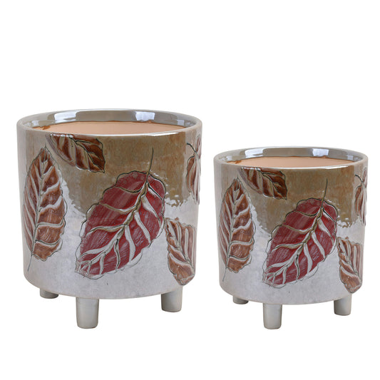 Cer, S/2 Footed Planters 9/6", Embossed Leaves, Gl