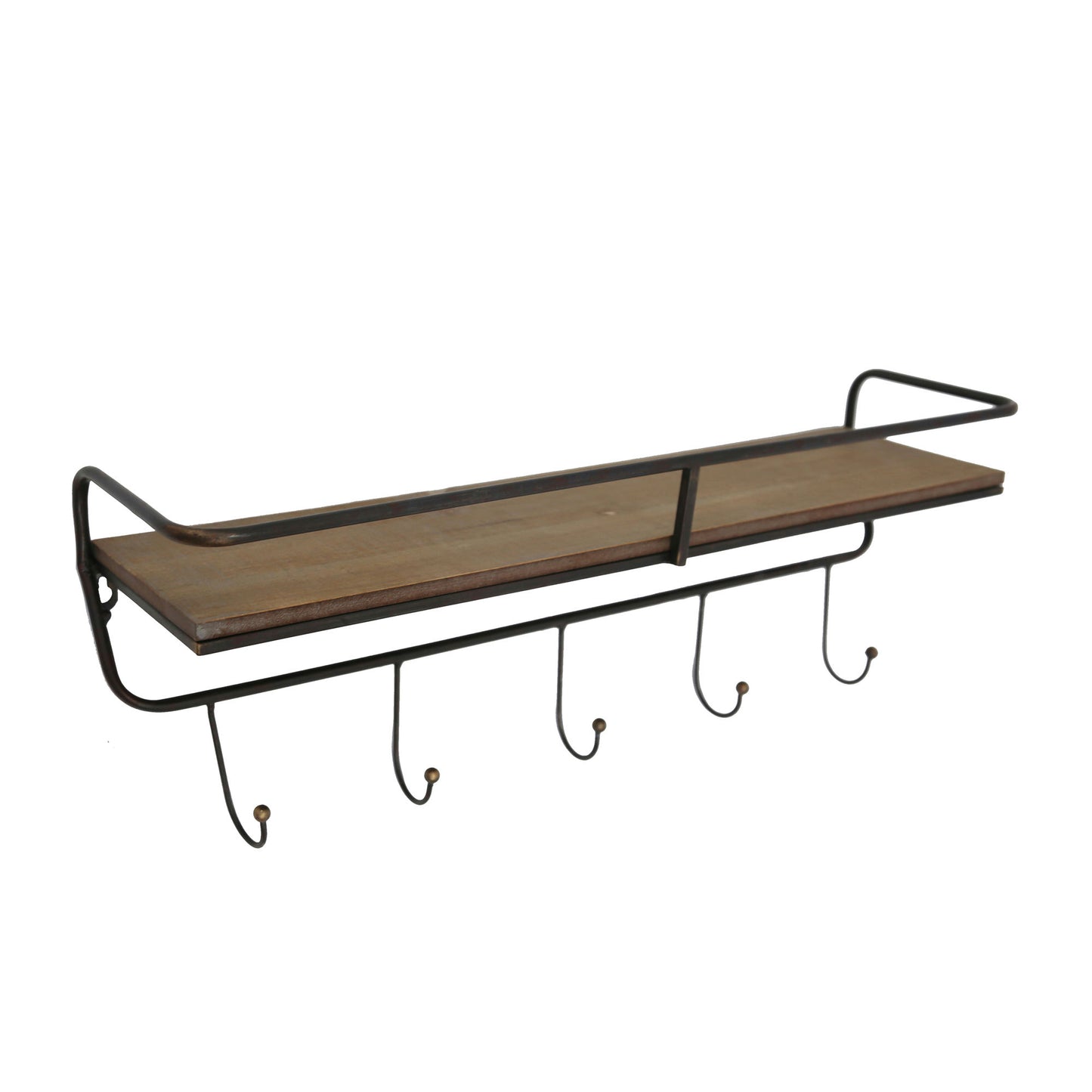 Metal/ Wood, 24.25" 5 Hook Wall Shelf/ Brown