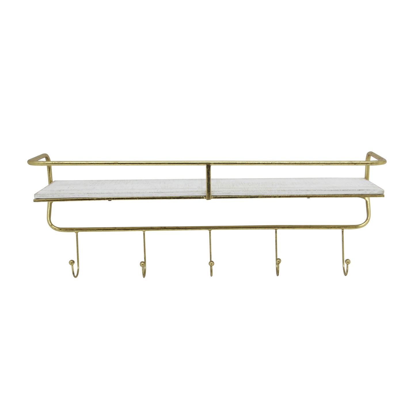 Metal/wood, 24" 5 Hook Wall Shelf, White/gold