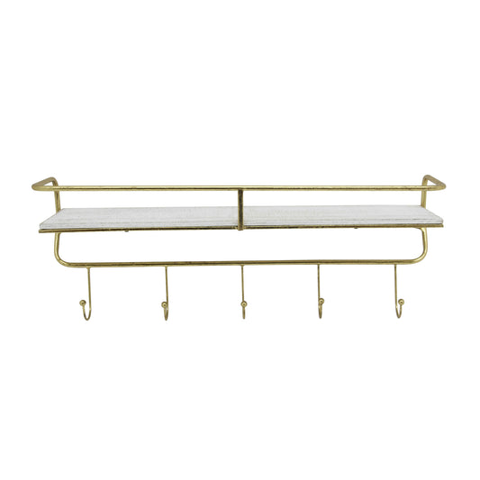 Metal/wood, 24" 5 Hook Wall Shelf, White/gold