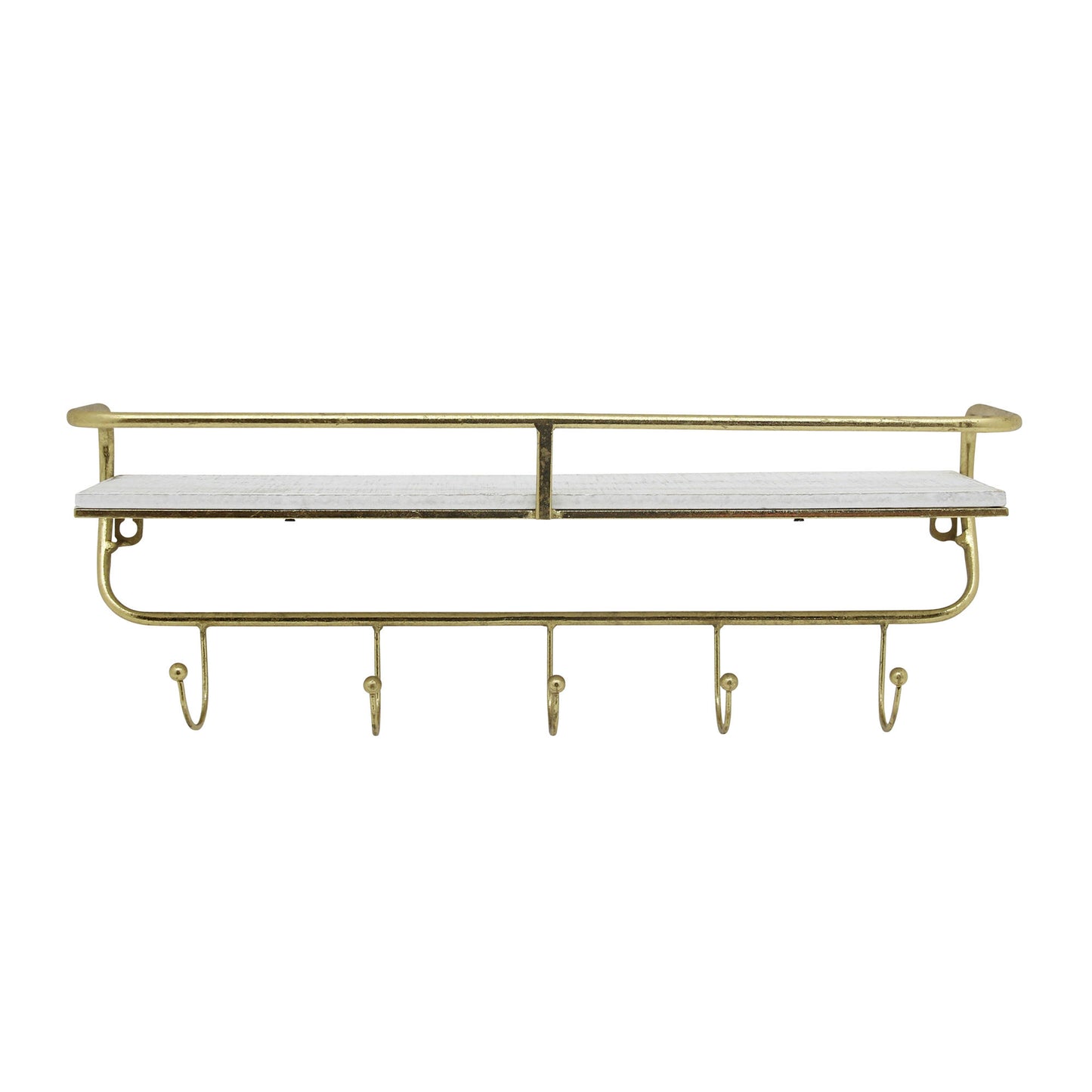 Metal/wood 20" 5 Hook Wall Shelf, White/gold