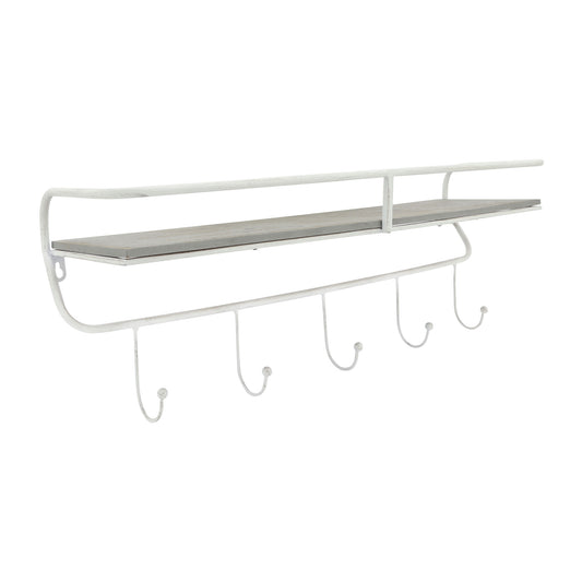 Metal/wood, 24" 5 Hook Wall Shelf, White/gray