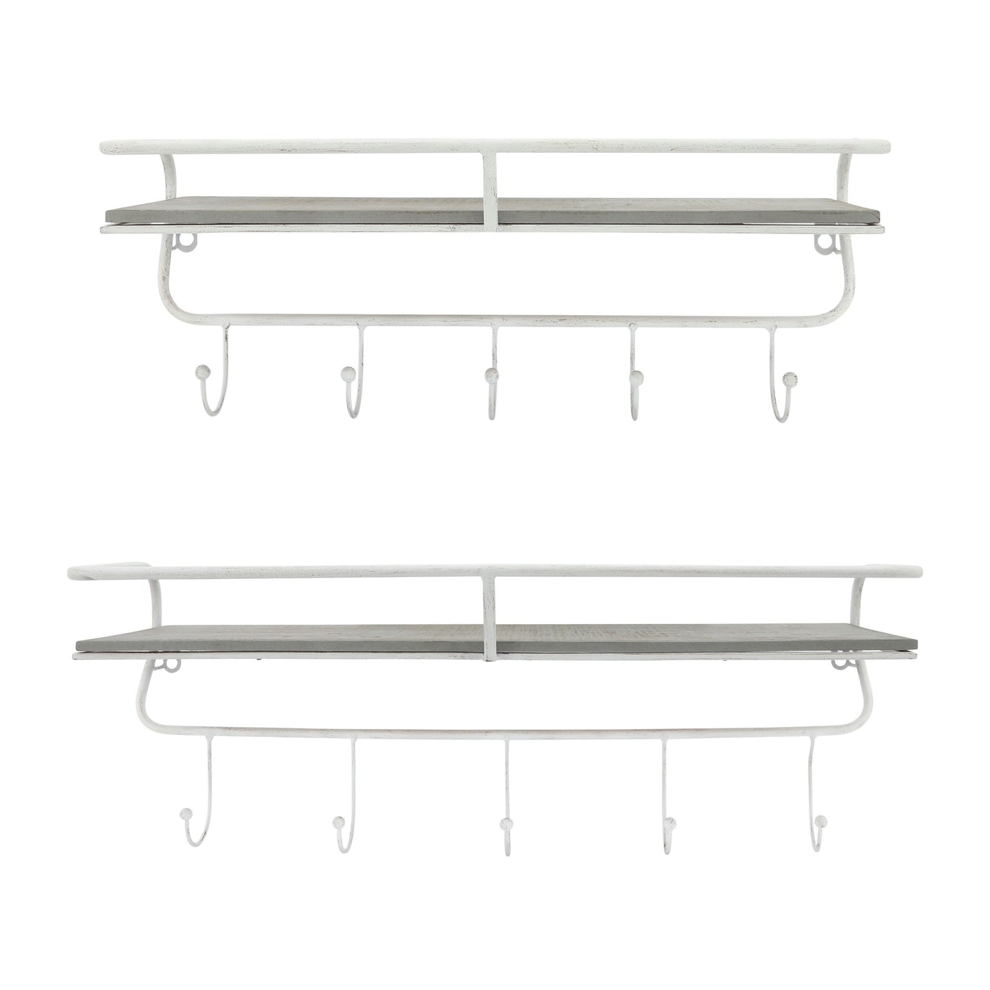 Metal/wood, 24" 5 Hook Wall Shelf, White/gray