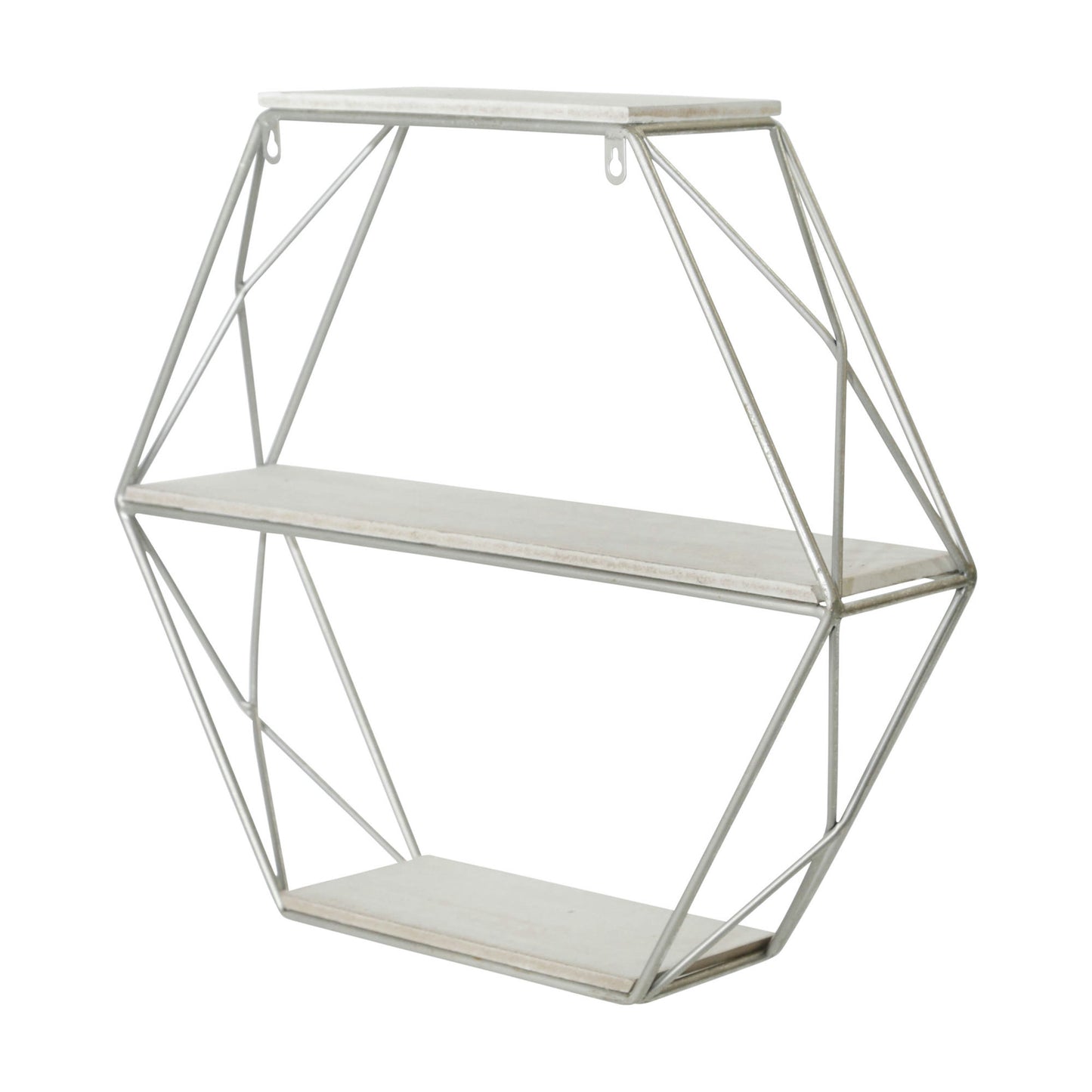 Metal/wood 3 Tier Hexagon Wall Shelf, White/silver