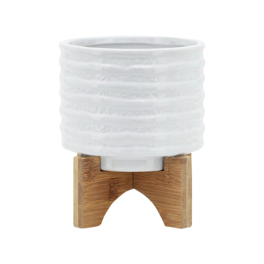 Ceramic 5" Planter On Stand, White Stripe