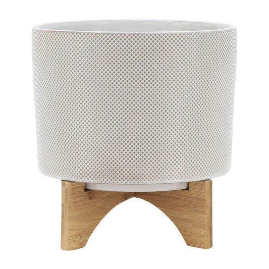 Ceramic 10" Planter On Stand,white / Tan Dot