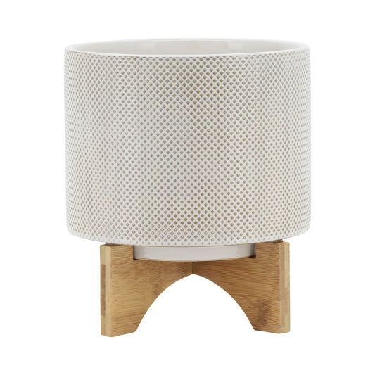 Ceramic 8" Planter On Stand, White/tan Dot