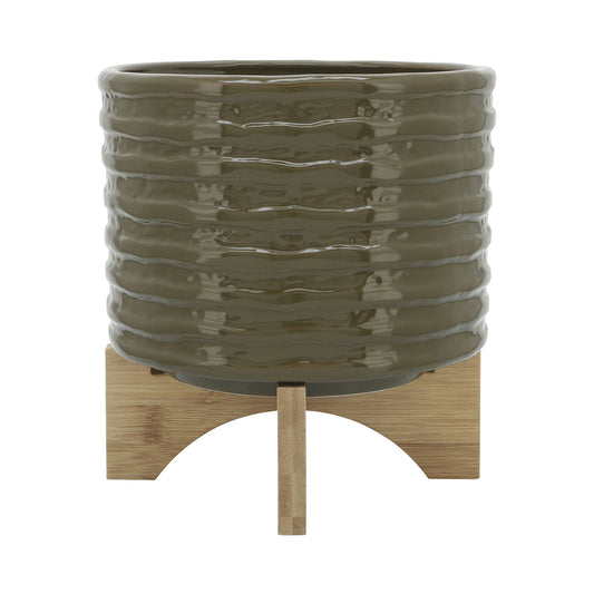 Cer, 8" Textured Planter W/ Stand, Olive