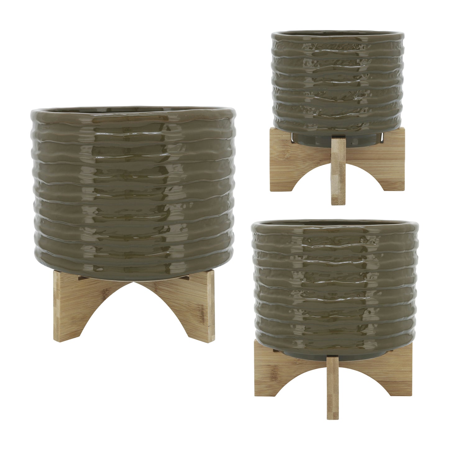 Cer, 8" Textured Planter W/ Stand, Olive