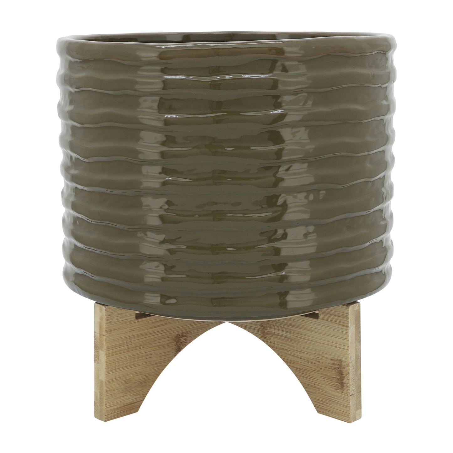 Cer, 10" Textured Planter W/ Stand, Olive