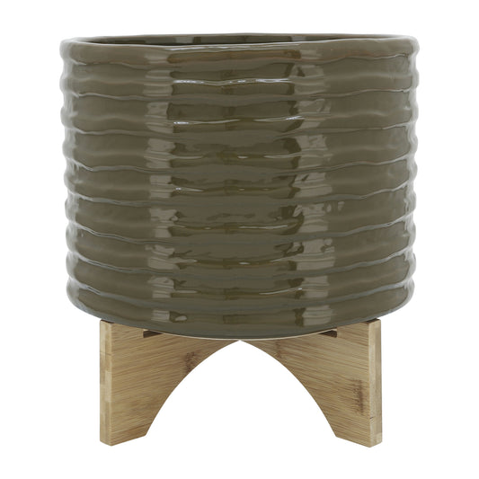 Cer, 10" Textured Planter W/ Stand, Olive