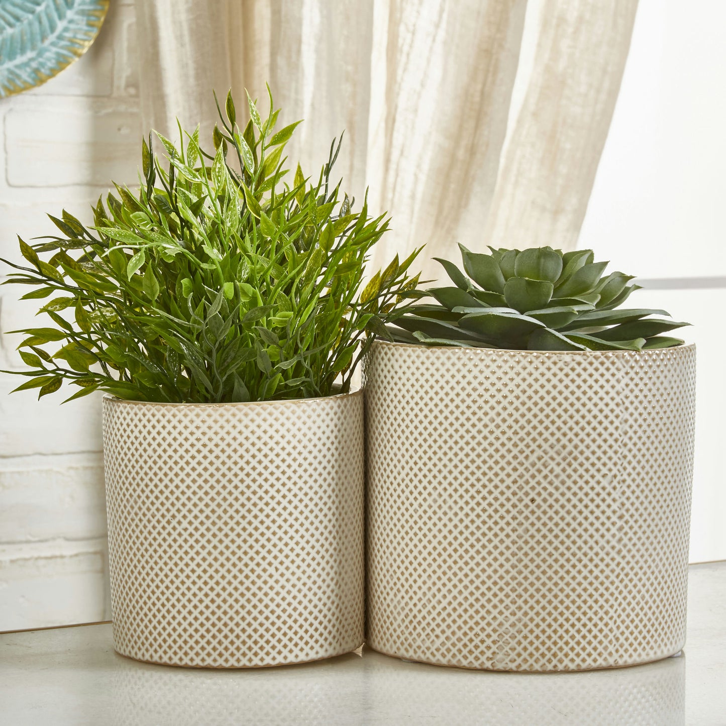 S/2 Ceramic 7/5" Planters, White/tan Dot