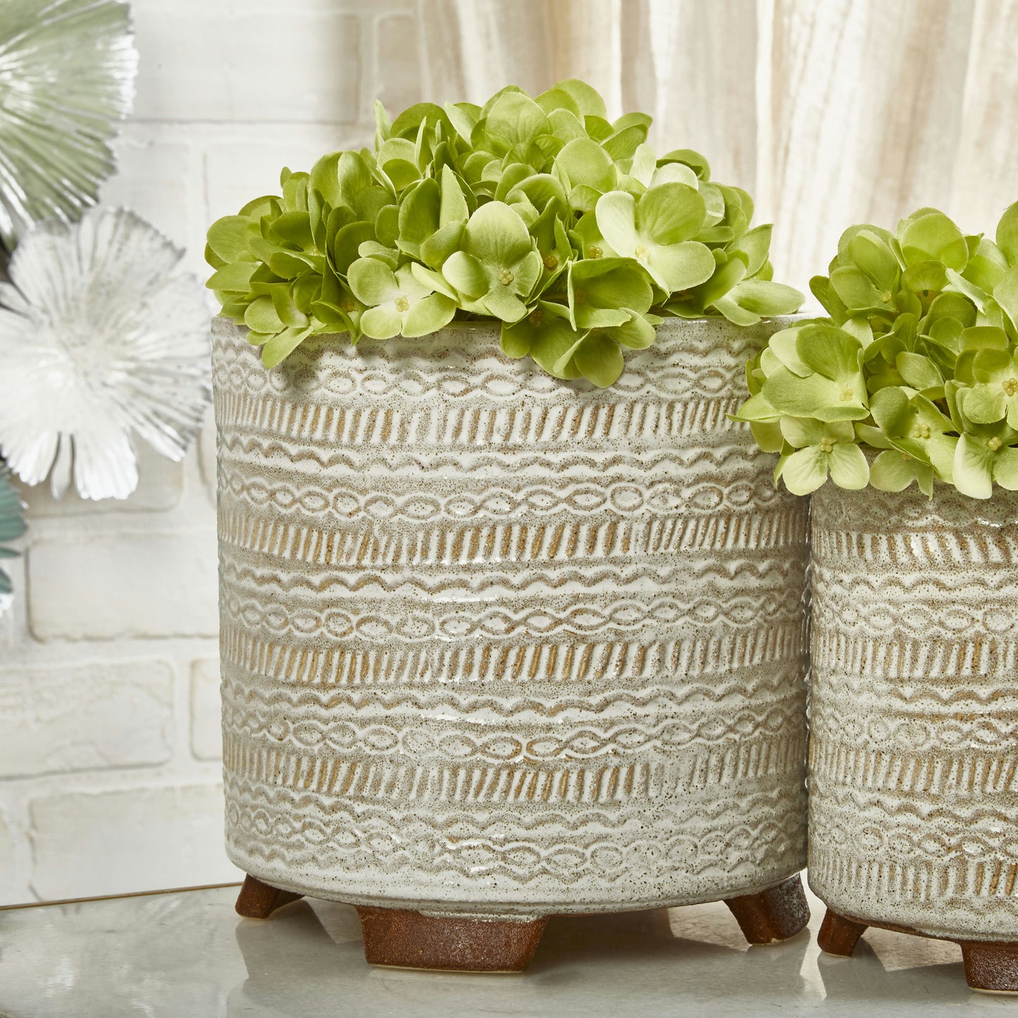 S/2 Ceramic Tribal Look 6/8" Planters, Ivory