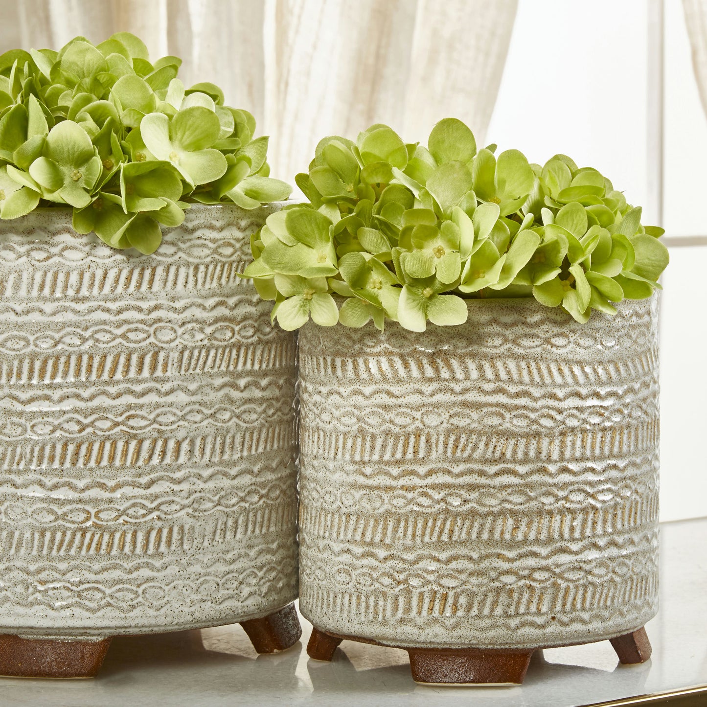 S/2 Ceramic Tribal Look 6/8" Planters, Ivory