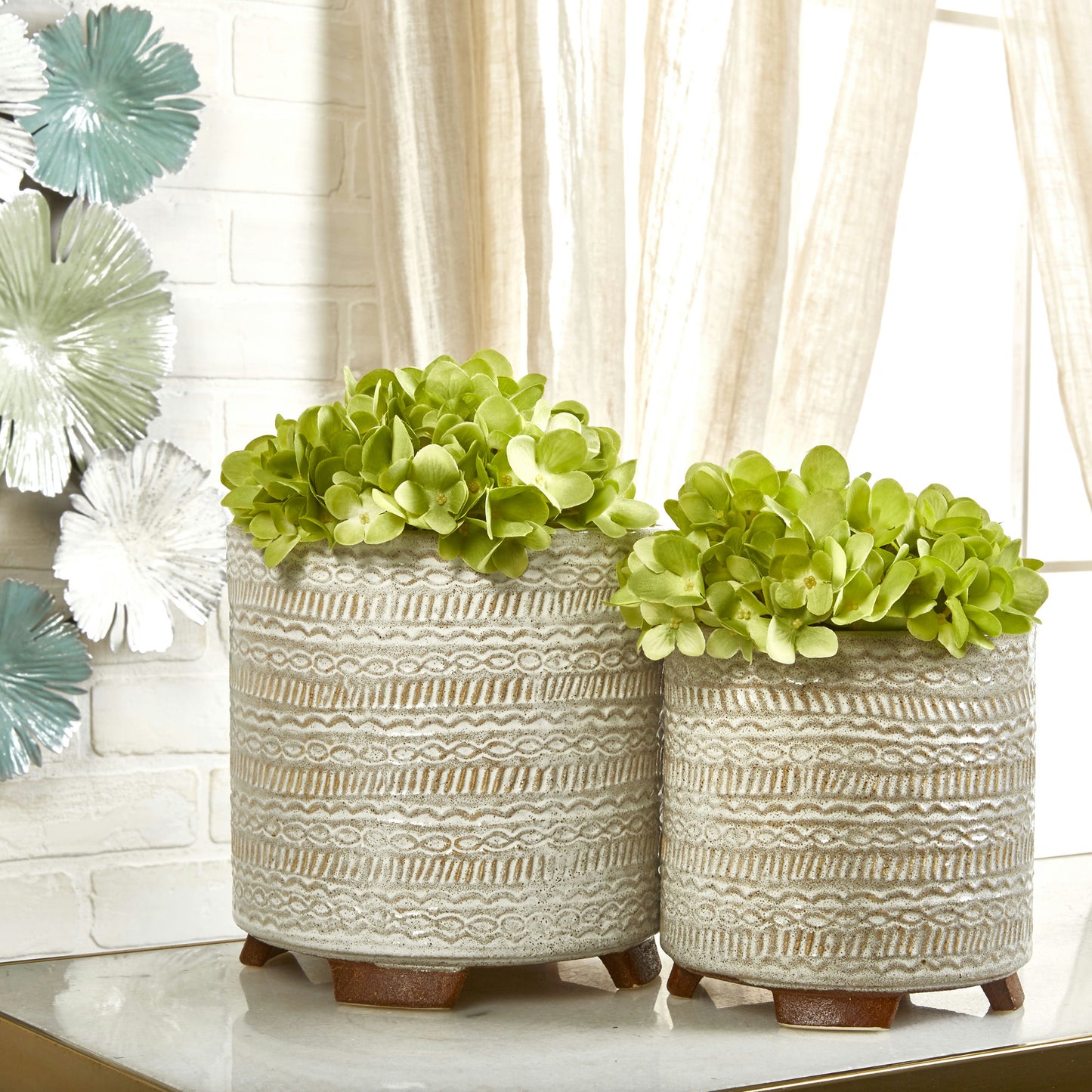 S/2 Ceramic Tribal Look 6/8" Planters, Ivory