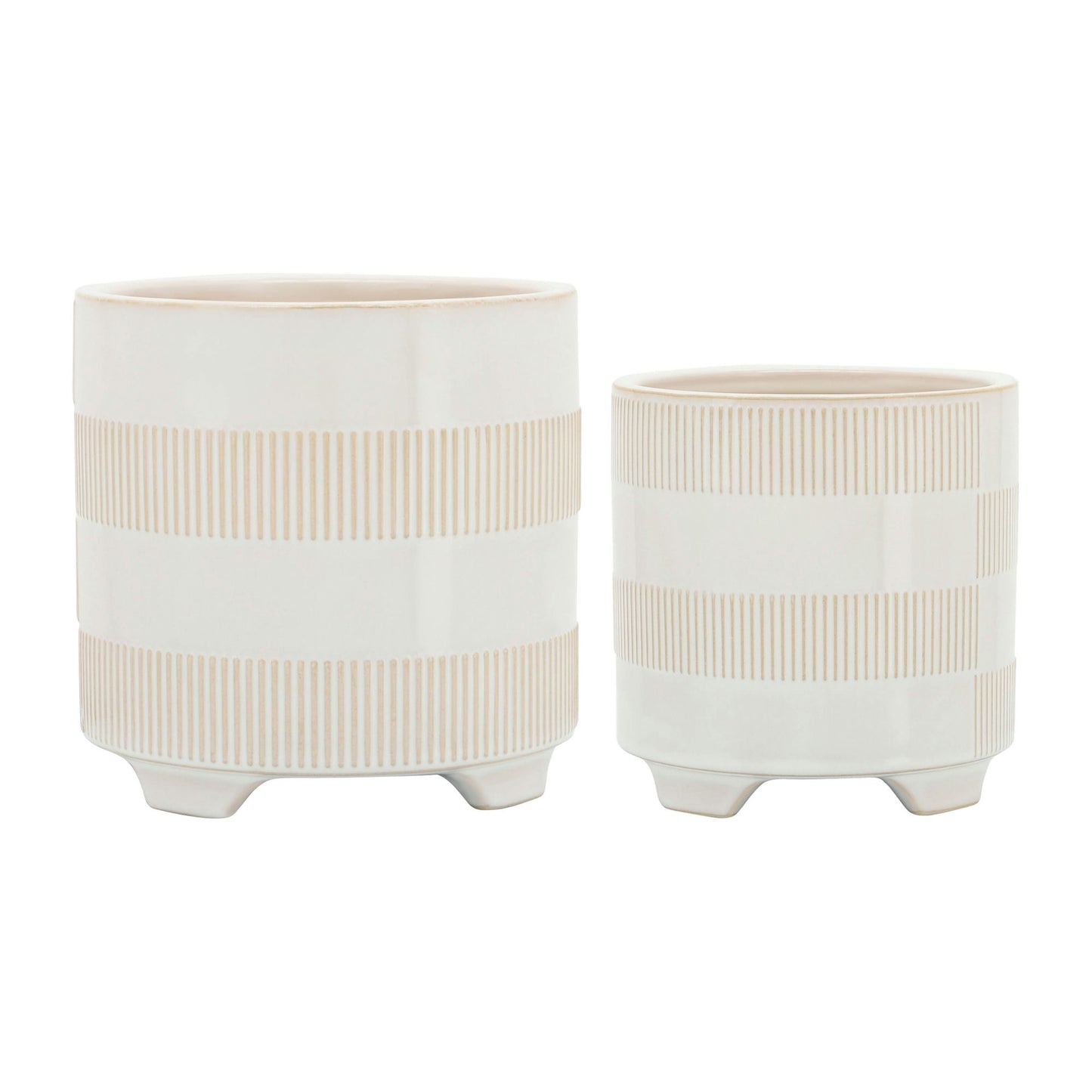 Cer, S/2 6/8" Textured Footed Planters, Beige