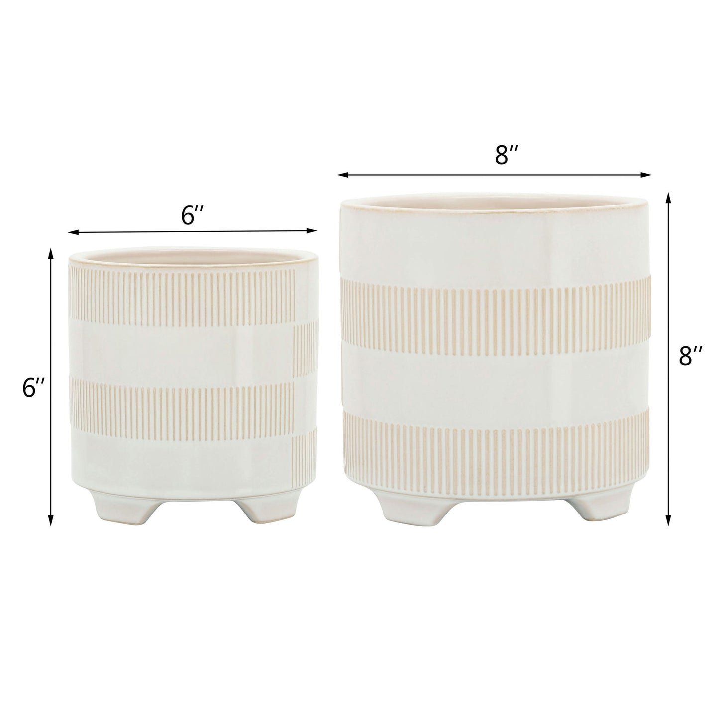 Cer, S/2 6/8" Textured Footed Planters, Beige