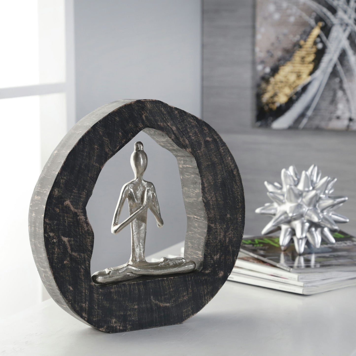 Aluminum Yoga Lady In Circle Log 11", Silver, Praying Hands