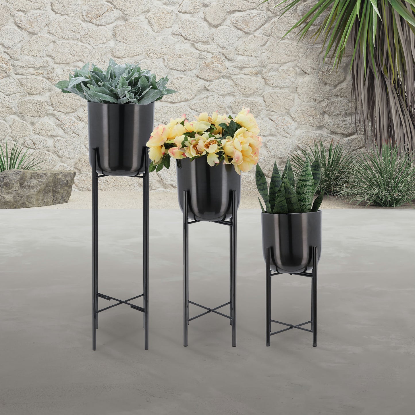 S/3 Metal Planters On Stand 40/30/20"h, Gunmetal