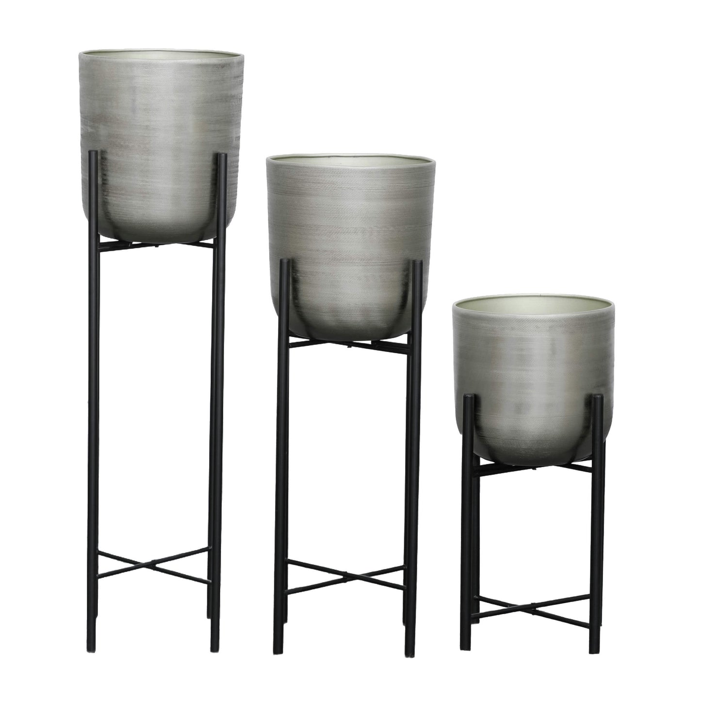 S/3 Metal Planters On Stand 40/30/20"h, Silver/blk