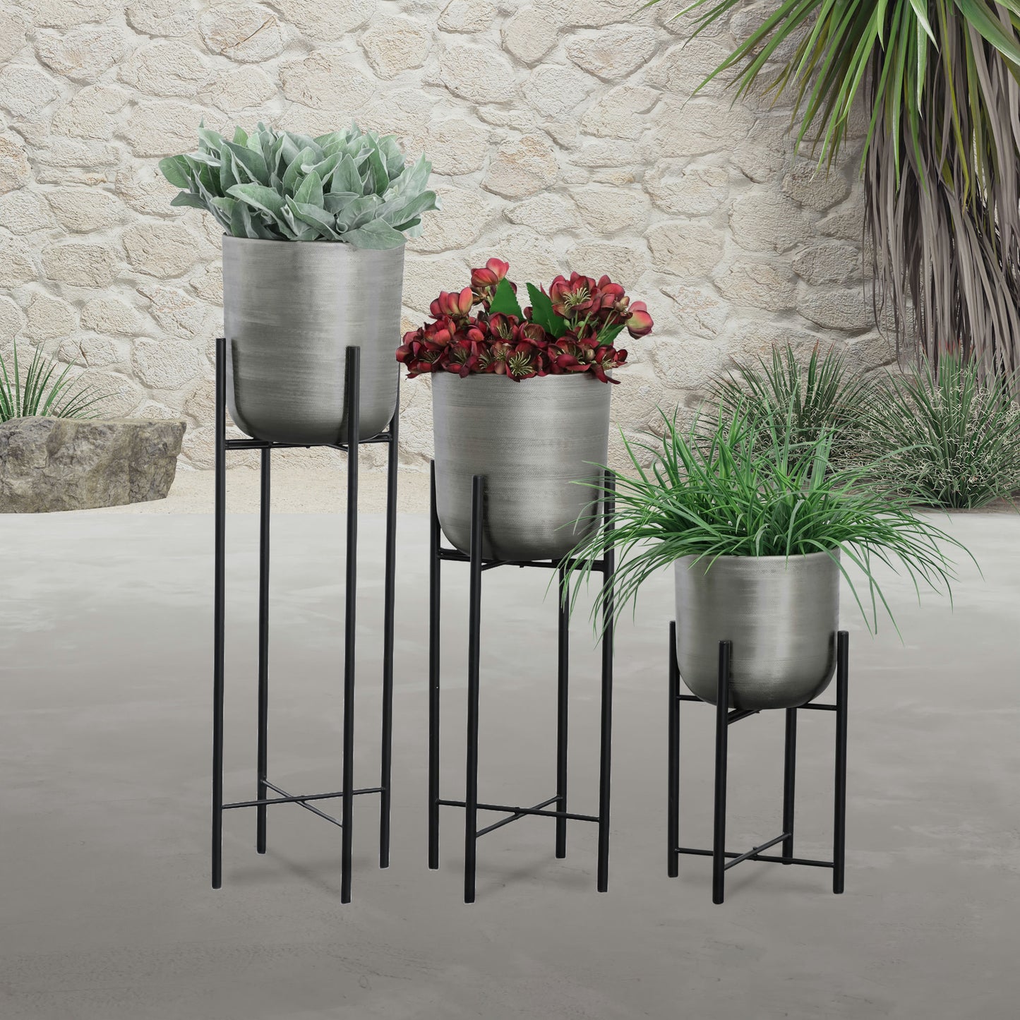 S/3 Metal Planters On Stand 40/30/20"h, Silver/blk