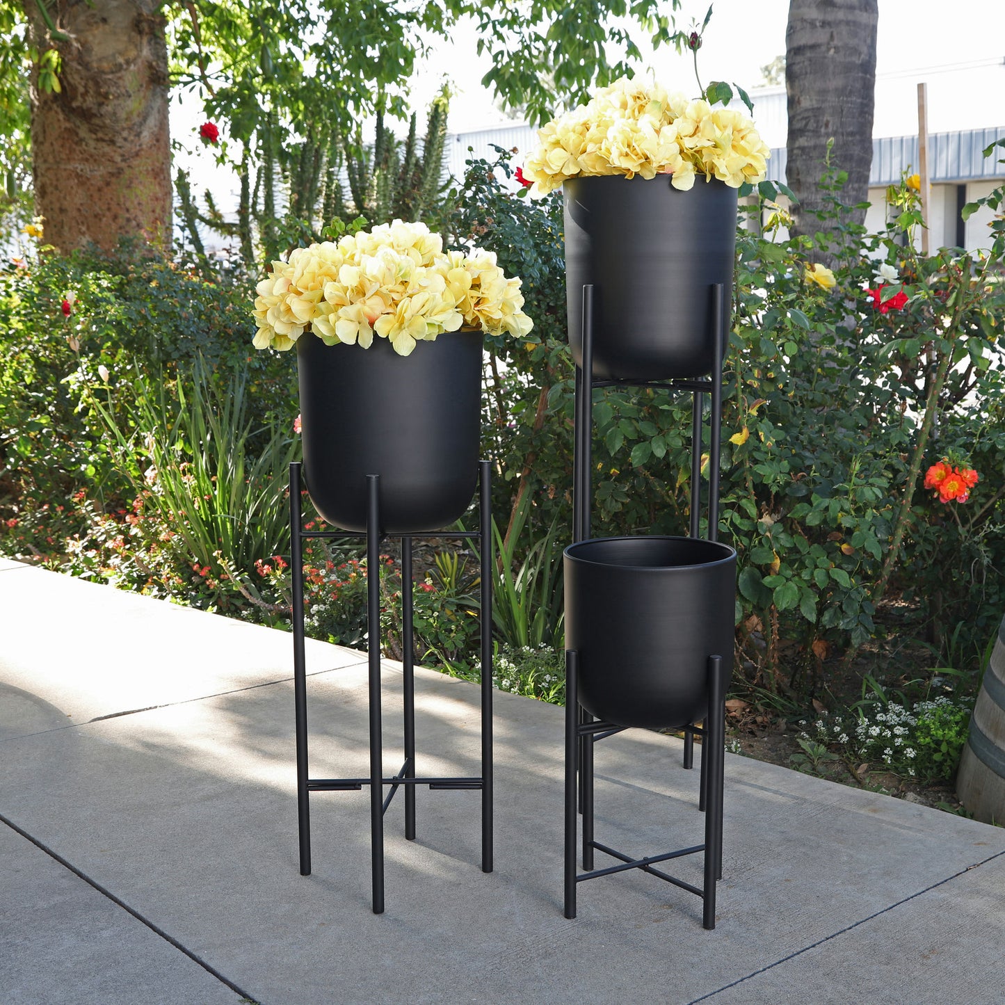 S/3 Metal Planters On Stand 40/30/20"h, Black