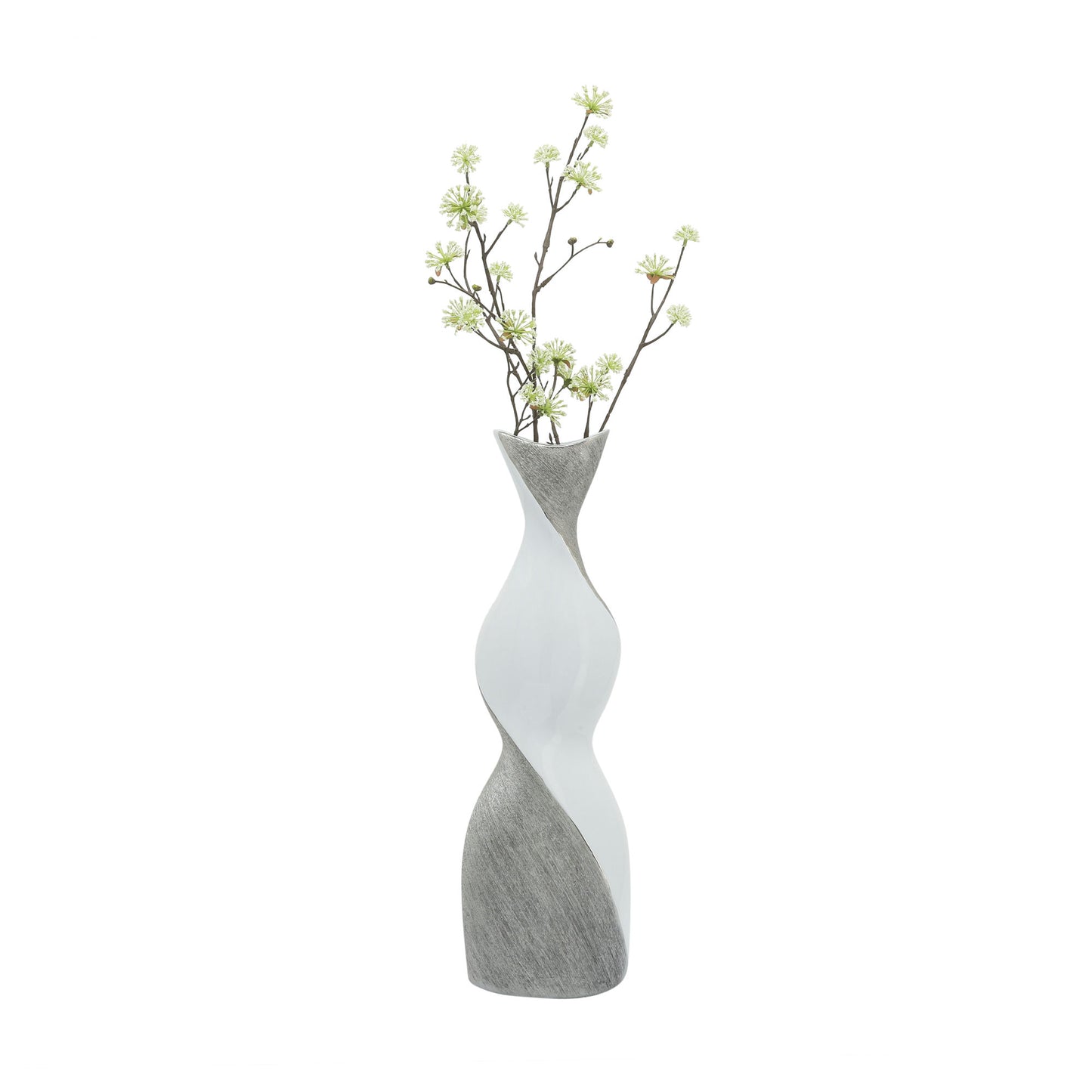 Ceramic 20" Twisted Vase, White/silver