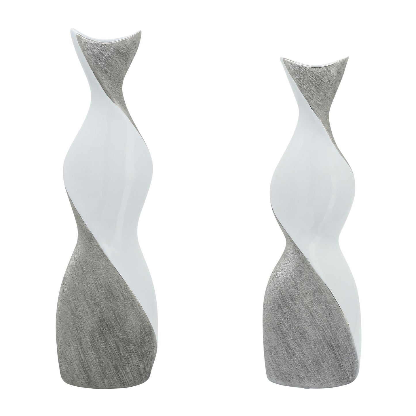 Ceramic 20" Twisted Vase, White/silver