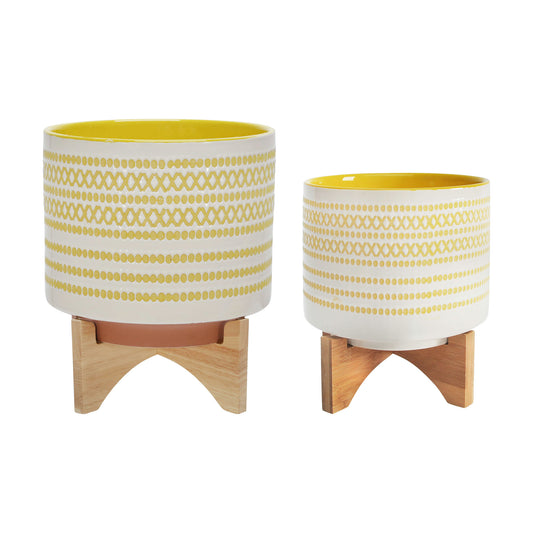 Ceramic S/2 8/10" Planter On Stand W/ Dots, Yellow