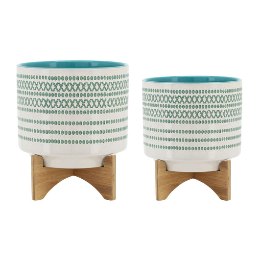 Cer, S/2 8/10" Planter On Standw/ Dots, Blue