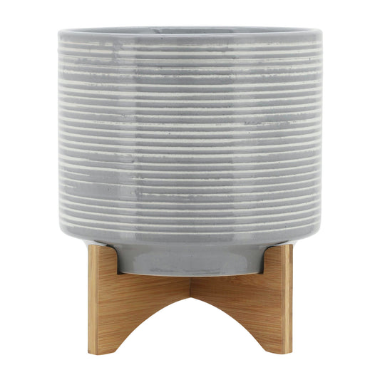 Ceramic 10" Planter On Stand, Gray Lines