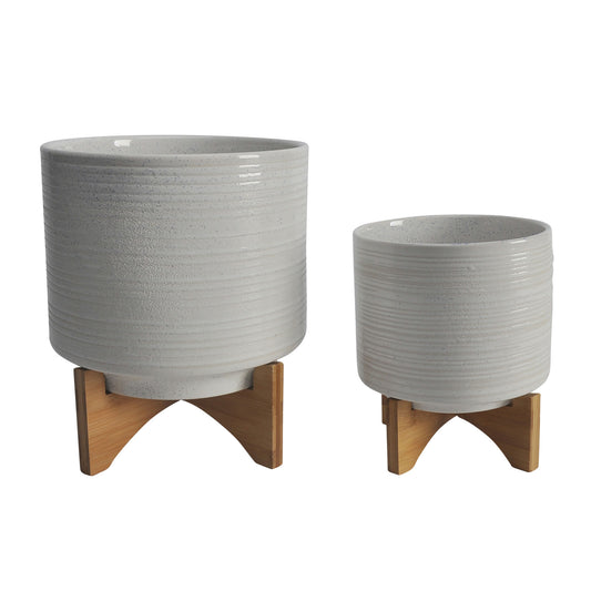Ceramic S/2 8/10" Planter On Stand, Speckled White
