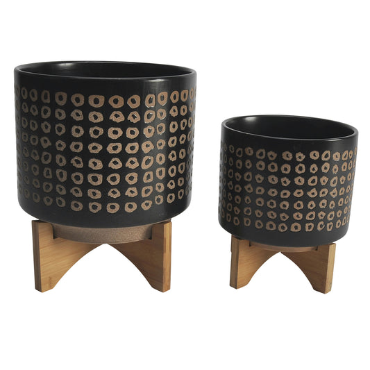Ceramic S/2 8/10" Planter On Stand, Brown
