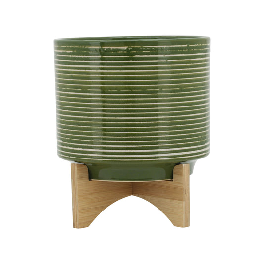 Ceramic 10" Planter On Wooden Stand, Olive