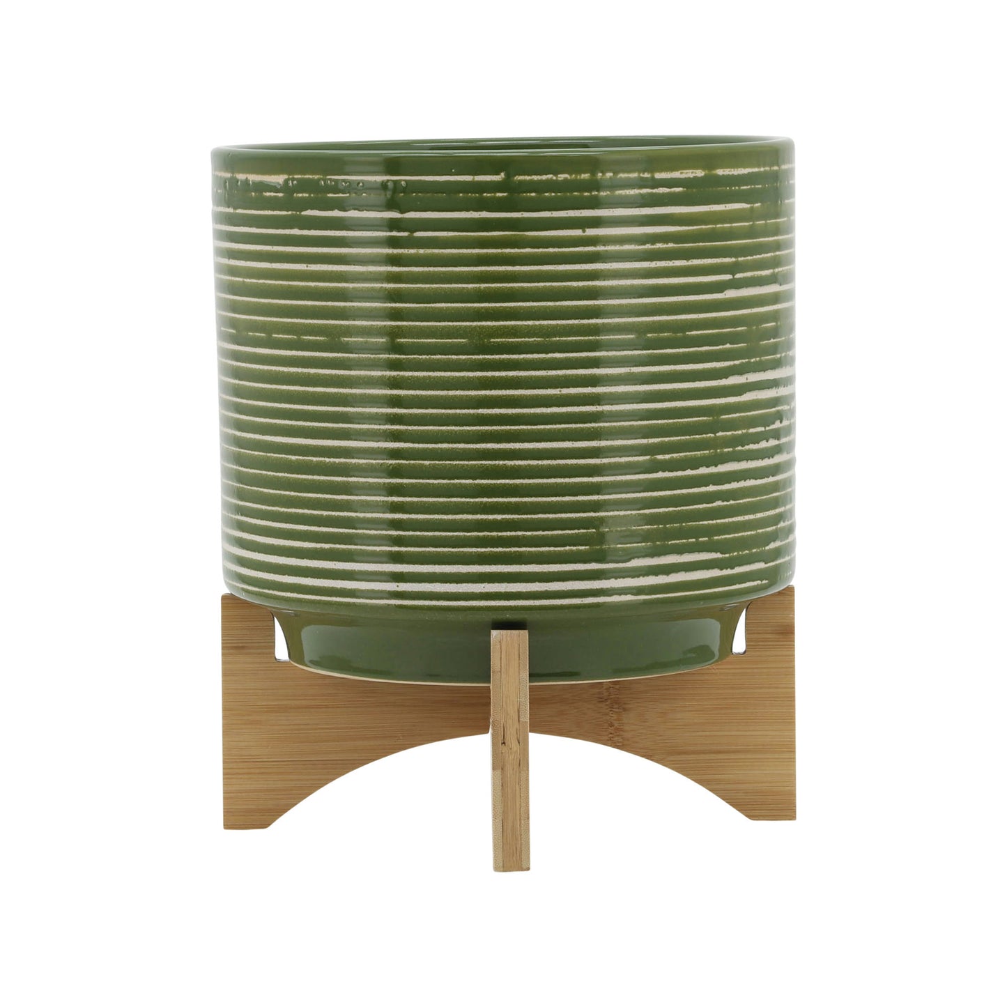 Ceramic 10" Planter On Wooden Stand, Olive