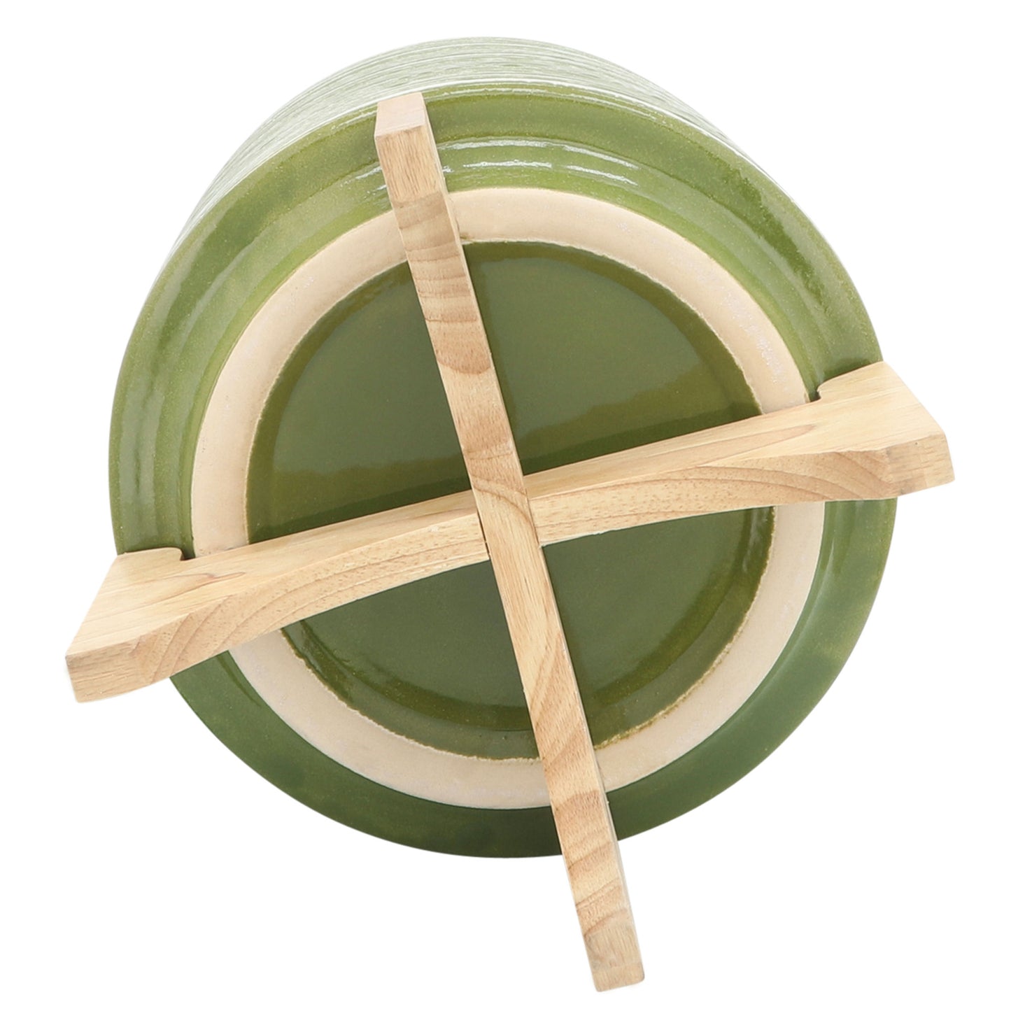 Ceramic 10" Planter On Wooden Stand, Olive