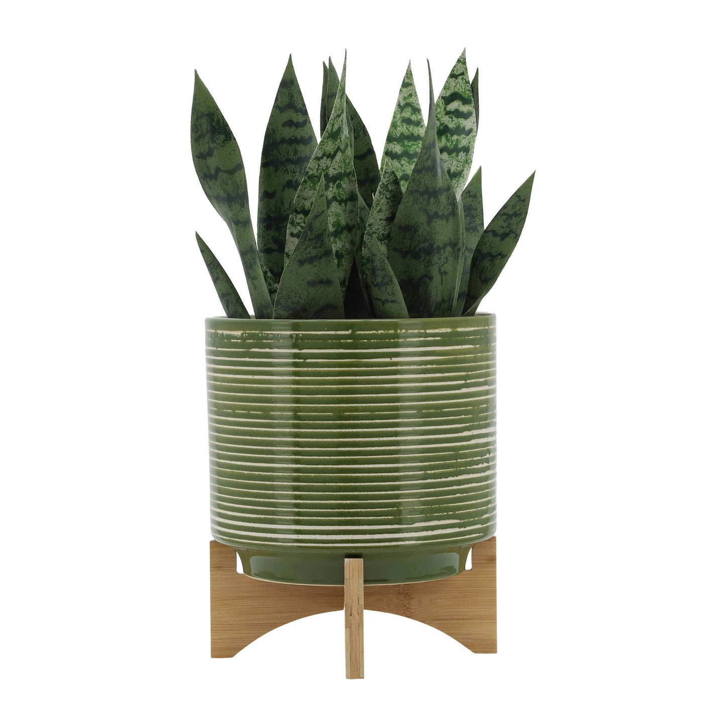 Ceramic 10" Planter On Wooden Stand, Olive