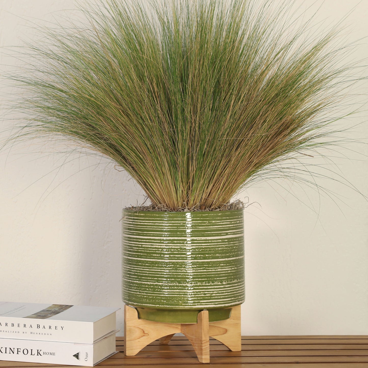 Ceramic 10" Planter On Wooden Stand, Olive
