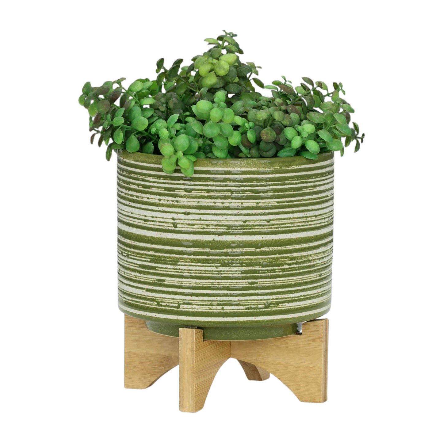 Cer, S/2 5/8" Planter On Wooden Stand, Olive